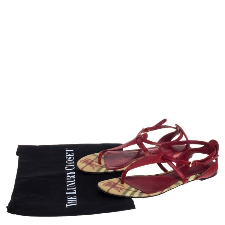 Pre Owned Burberry Red Leather T Strap Thong Flat Sandals Size 39