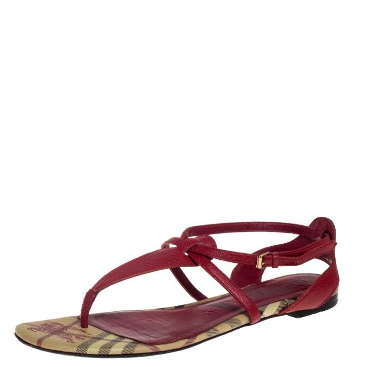 Pre Owned Burberry Red Leather T Strap Thong Flat Sandals Size 39