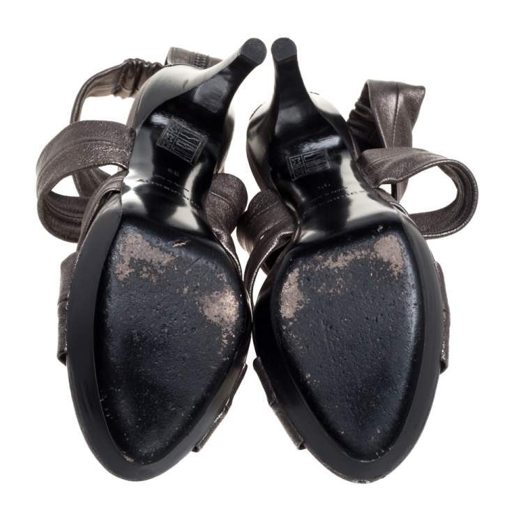 Pre Owned Burberry Metallic Grey Leather Back Zip Platform Sandals Size 39