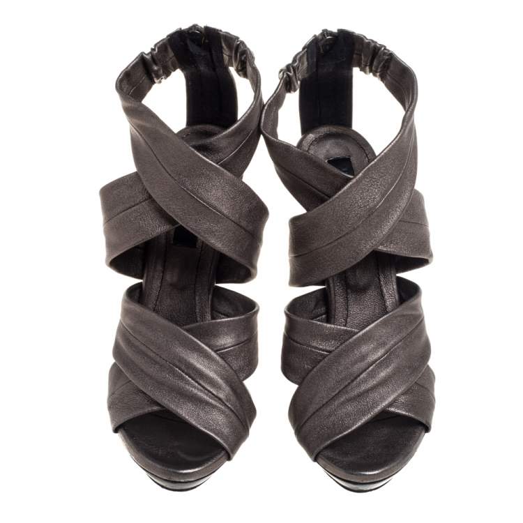 Pre Owned Burberry Metallic Grey Leather Back Zip Platform Sandals Size 39
