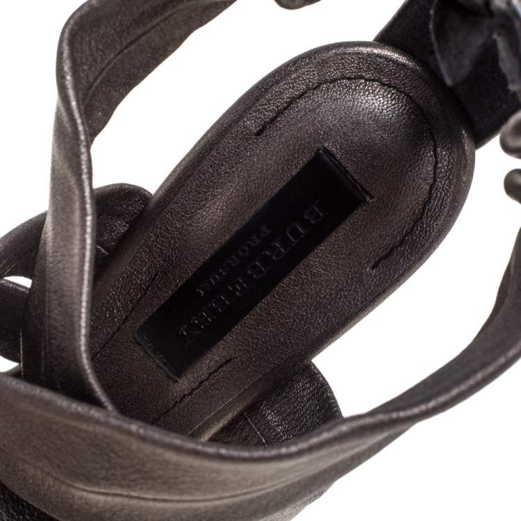 Pre Owned Burberry Metallic Grey Leather Back Zip Platform Sandals Size 39