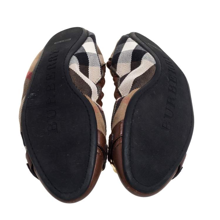 Pre Owned Burberry Brown/Beige Leather And Nova Check Canvas Scrunch Ballet Flats Size 38