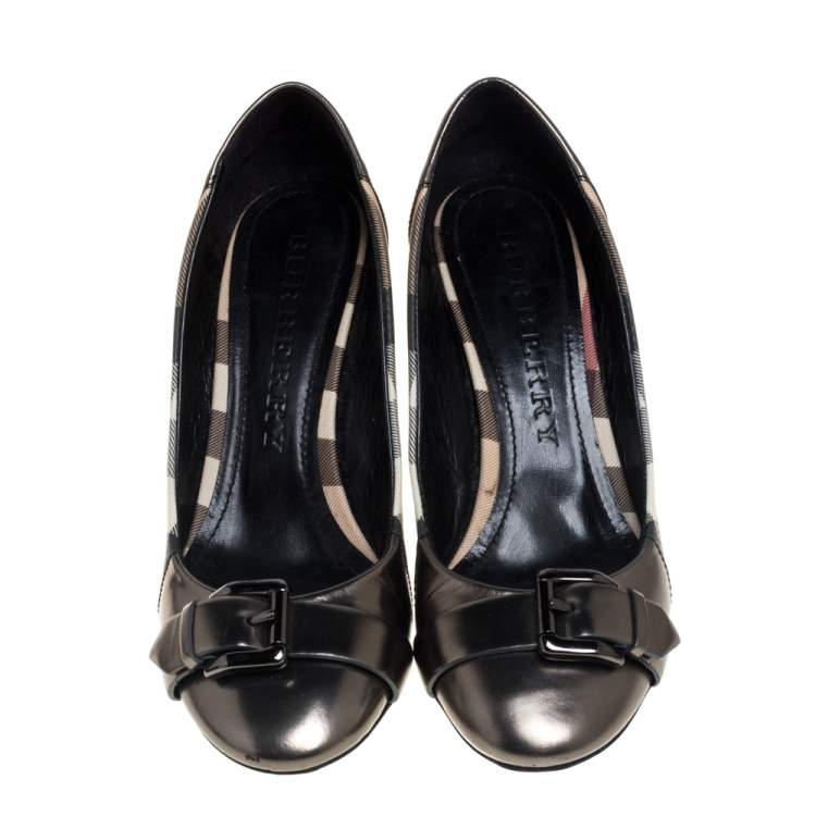 Pre Owned Burberry Metallic Grey House Check Canvas And Leather Pumps Size 37