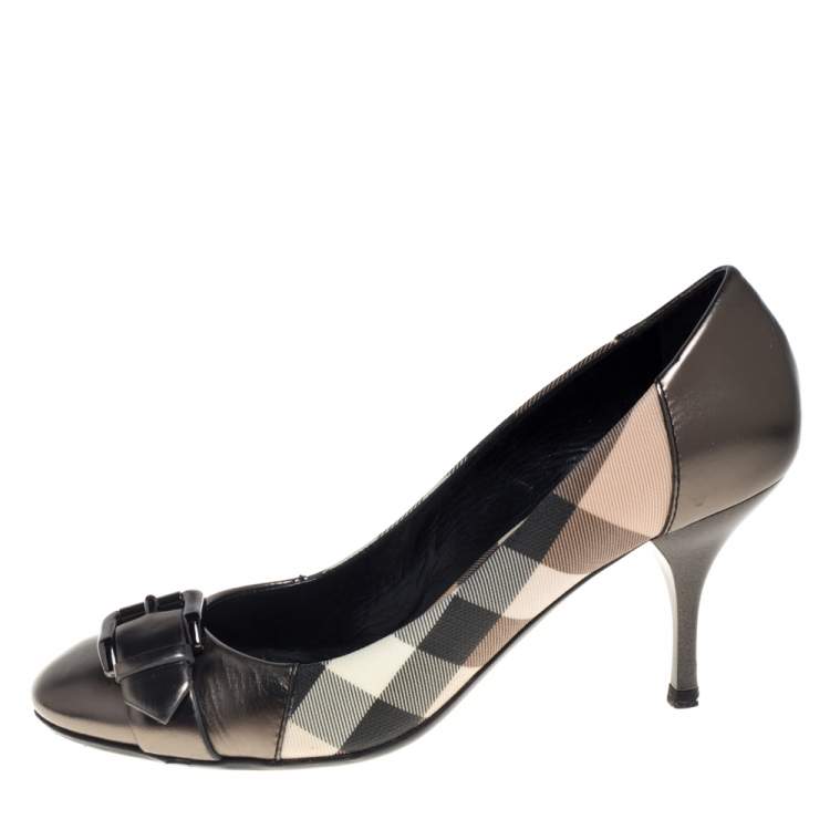 Pre Owned Burberry Metallic Grey House Check Canvas And Leather Pumps Size 37