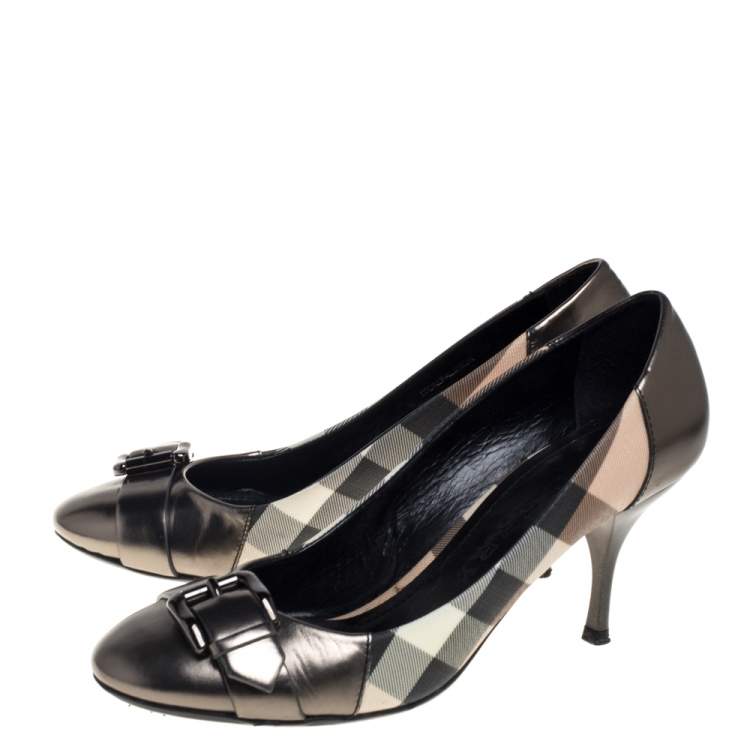 Pre Owned Burberry Metallic Grey House Check Canvas And Leather Pumps Size 37