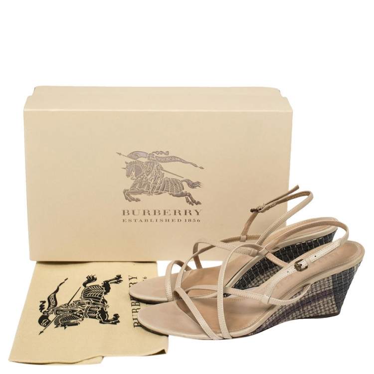 Pre Owned Burberry Beige Leather Wedge Ankle Strap Sandals Size 38