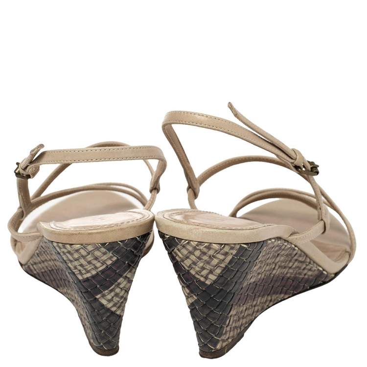 Pre Owned Burberry Beige Leather Wedge Ankle Strap Sandals Size 38