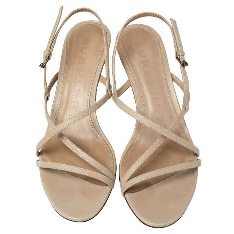 Pre Owned Burberry Beige Leather Wedge Ankle Strap Sandals Size 38