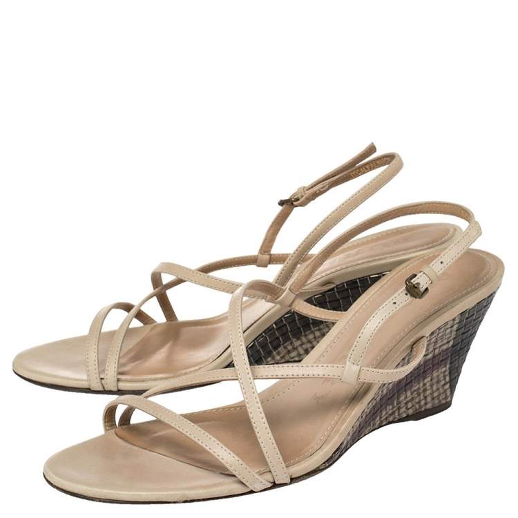 Pre Owned Burberry Beige Leather Wedge Ankle Strap Sandals Size 38