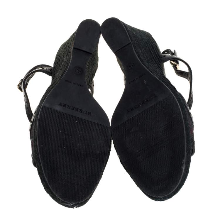 Pre Owned Burberry Black Perforated Leather And Novacheck Canvas T Strap Wedge Espadrilles Size 38
