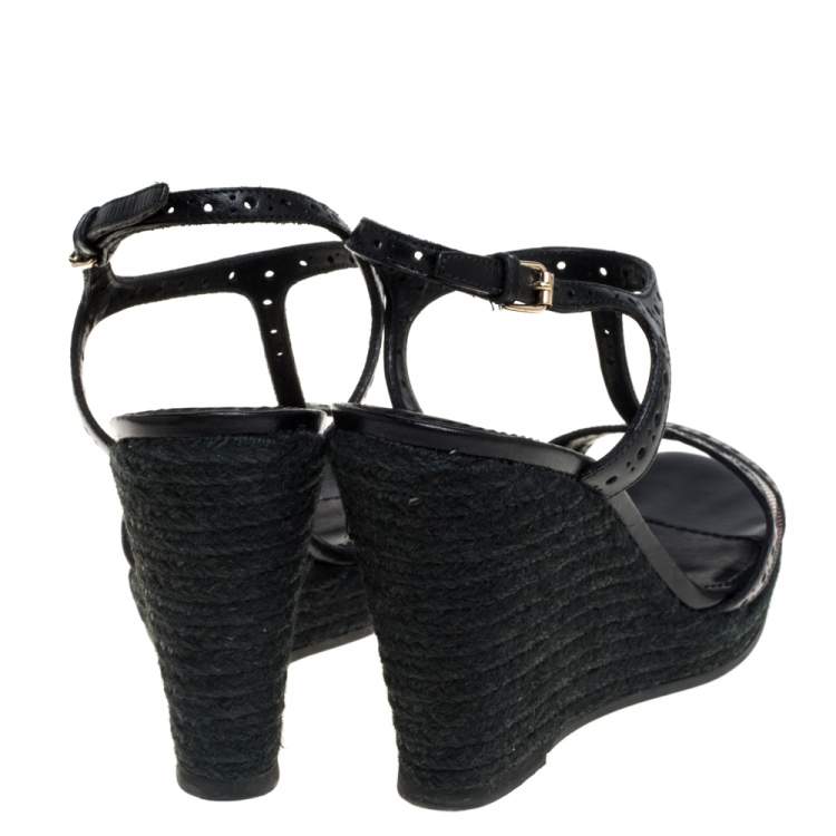 Pre Owned Burberry Black Perforated Leather And Novacheck Canvas T Strap Wedge Espadrilles Size 38