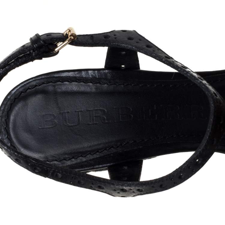 Pre Owned Burberry Black Perforated Leather And Novacheck Canvas T Strap Wedge Espadrilles Size 38