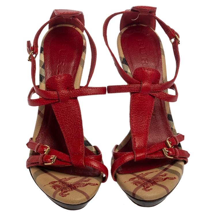 Pre Owned Burberry Red Leather Strappy Platform Peep Toe Sandals Size 38