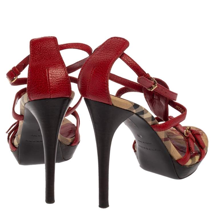 Pre Owned Burberry Red Leather Strappy Platform Peep Toe Sandals Size 38