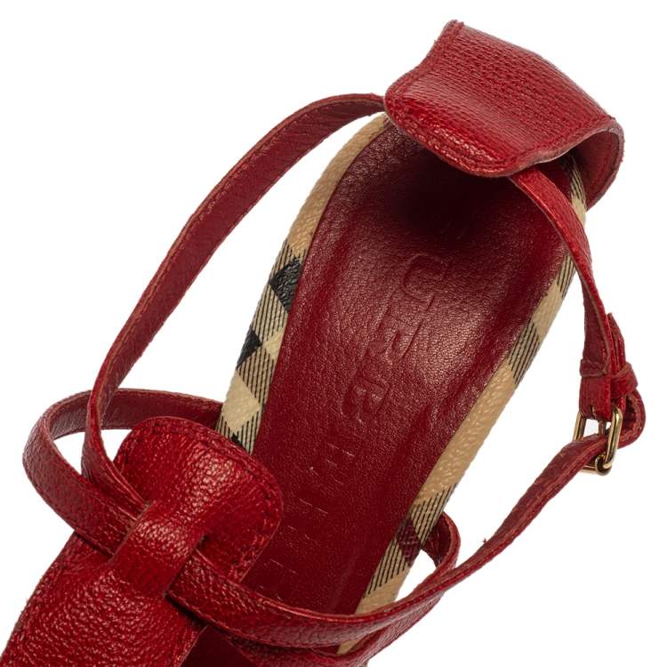 Pre Owned Burberry Red Leather Strappy Platform Peep Toe Sandals Size 38