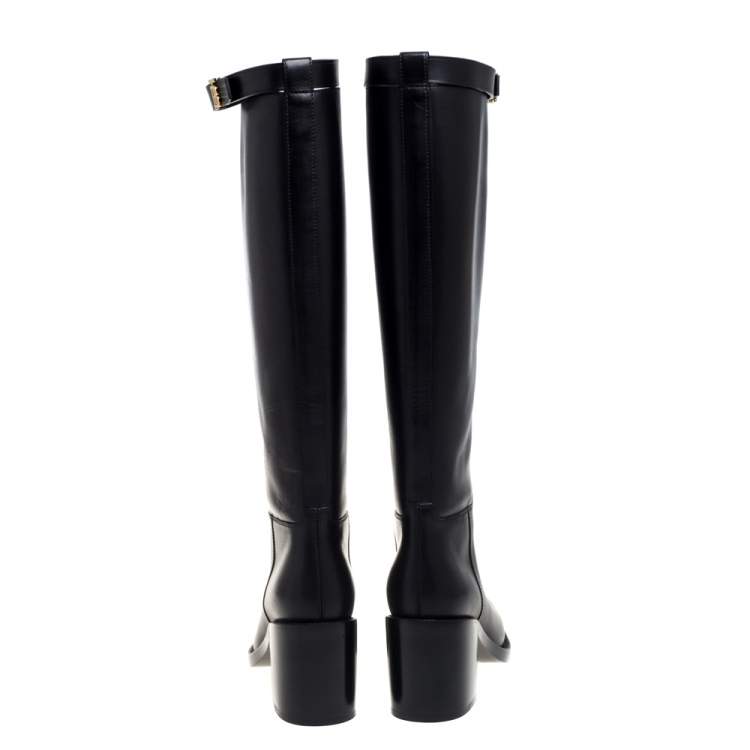 Pre Owned Burberry Black Leather Logo Buckle Embellished Knee High Boots Size 37