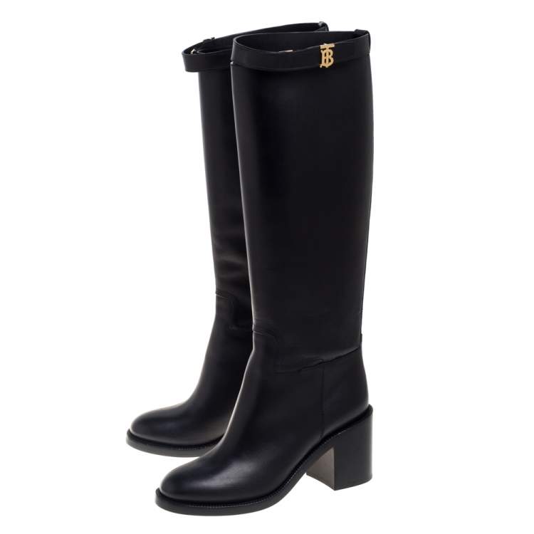 Pre Owned Burberry Black Leather Logo Buckle Embellished Knee High Boots Size 37
