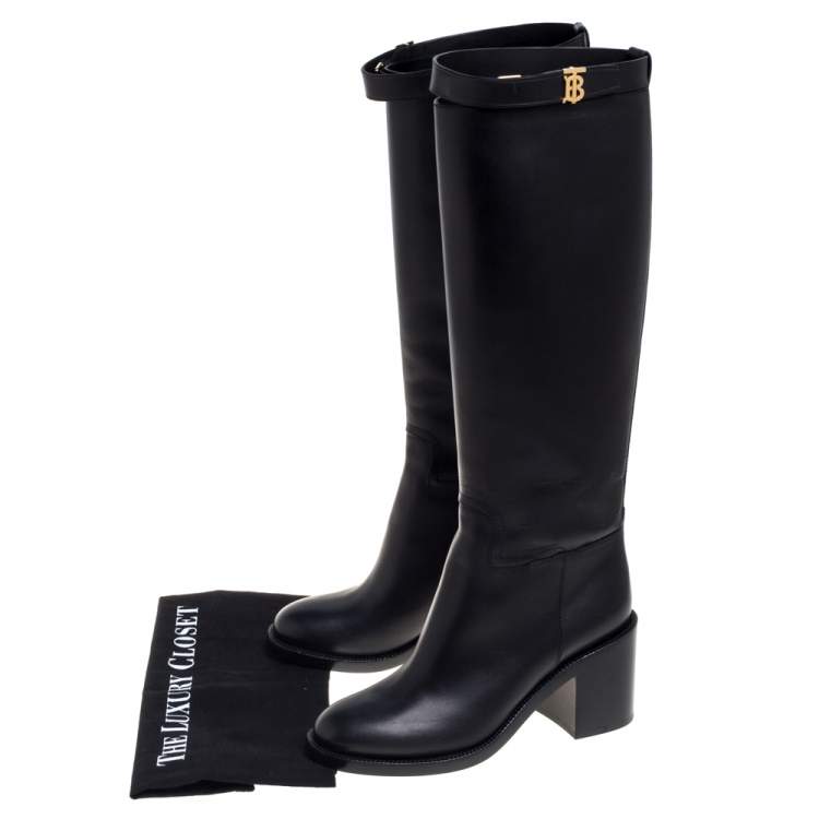 Pre Owned Burberry Black Leather Logo Buckle Embellished Knee High Boots Size 37