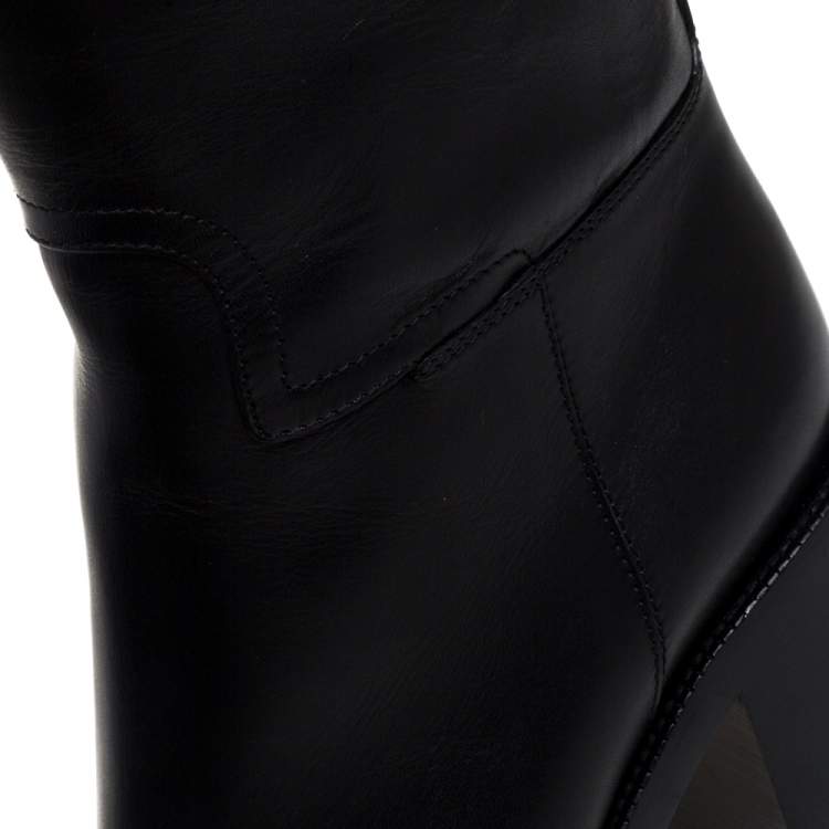 Pre Owned Burberry Black Leather Logo Buckle Embellished Knee High Boots Size 37