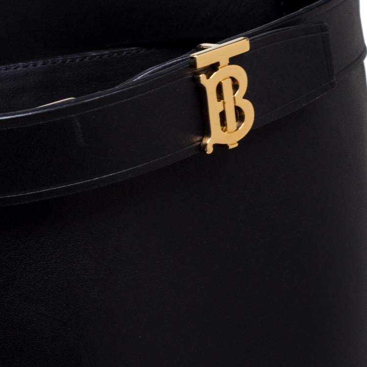 Pre Owned Burberry Black Leather Logo Buckle Embellished Knee High Boots Size 37