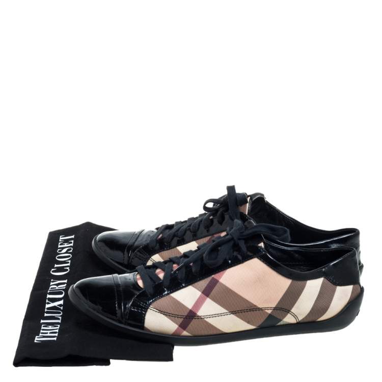 Pre Owned Burberry Black Patent Leather And Nova Check Coated Canvas Cap Toe Sneakers Size 40