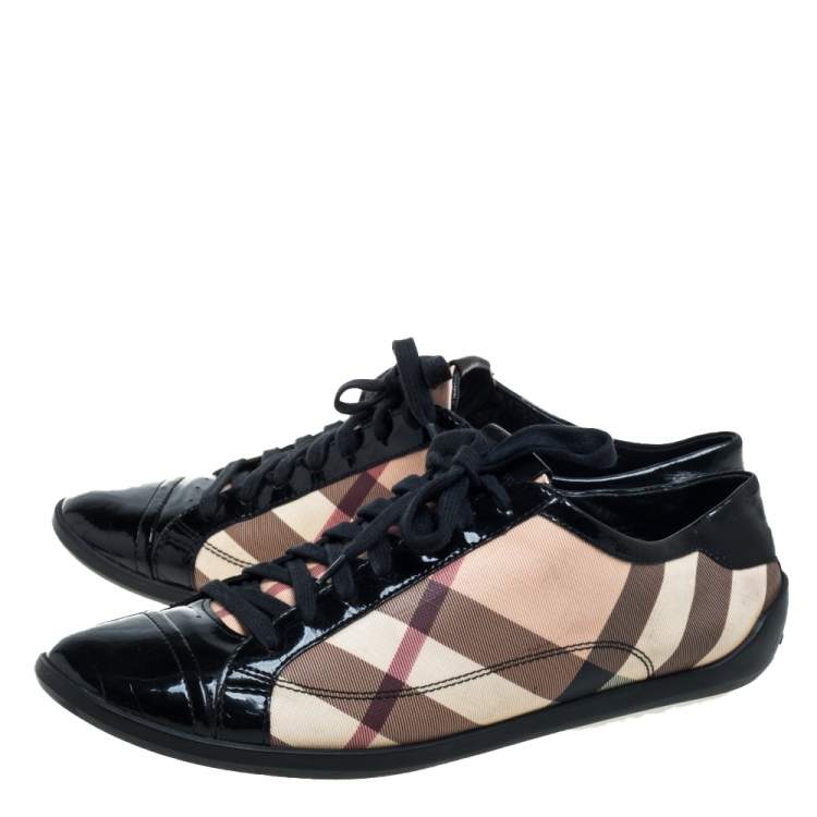 Pre Owned Burberry Black Patent Leather And Nova Check Coated Canvas Cap Toe Sneakers Size 40
