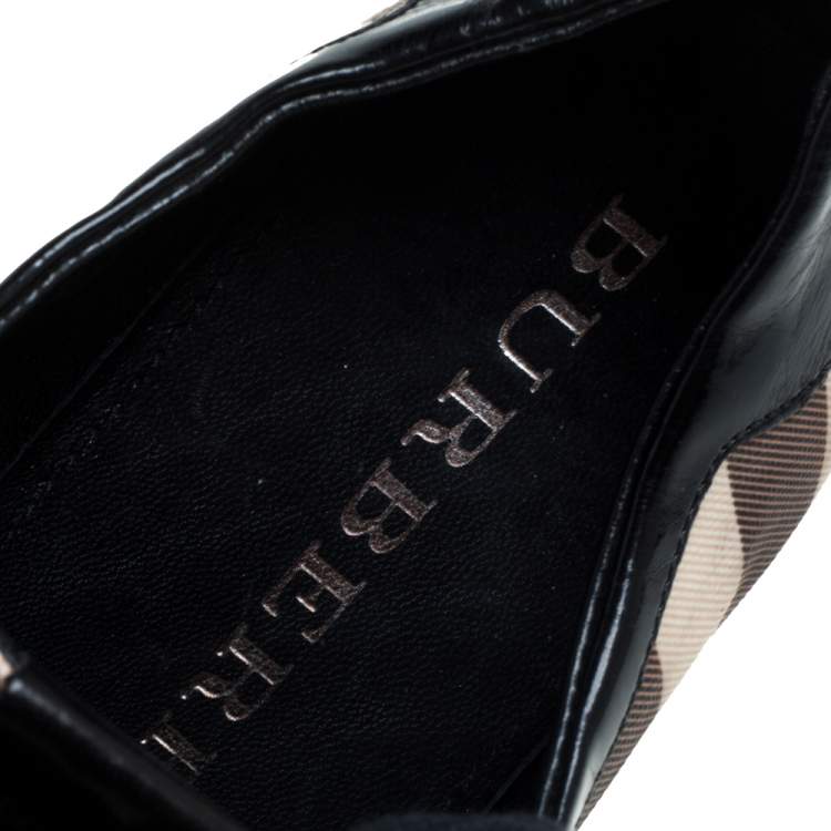 Pre Owned Burberry Black Patent Leather And Nova Check Coated Canvas Cap Toe Sneakers Size 40