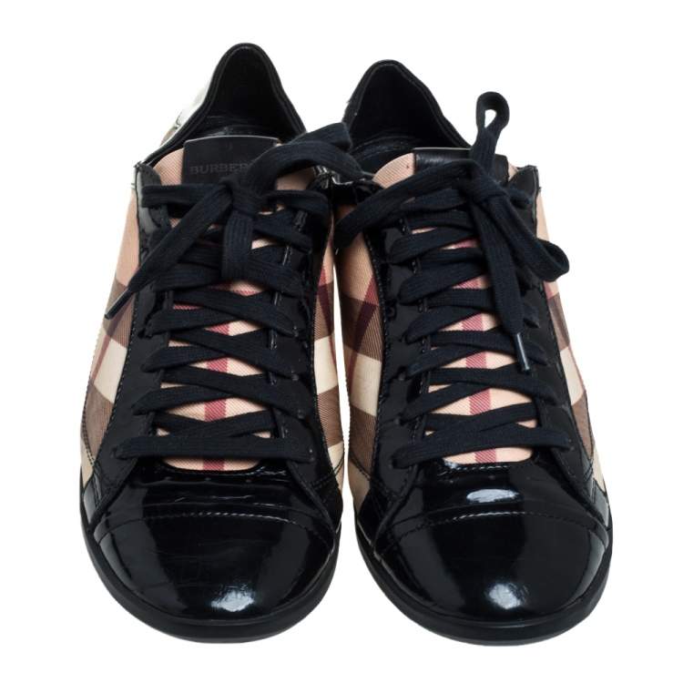 Pre Owned Burberry Black Patent Leather And Nova Check Coated Canvas Cap Toe Sneakers Size 40