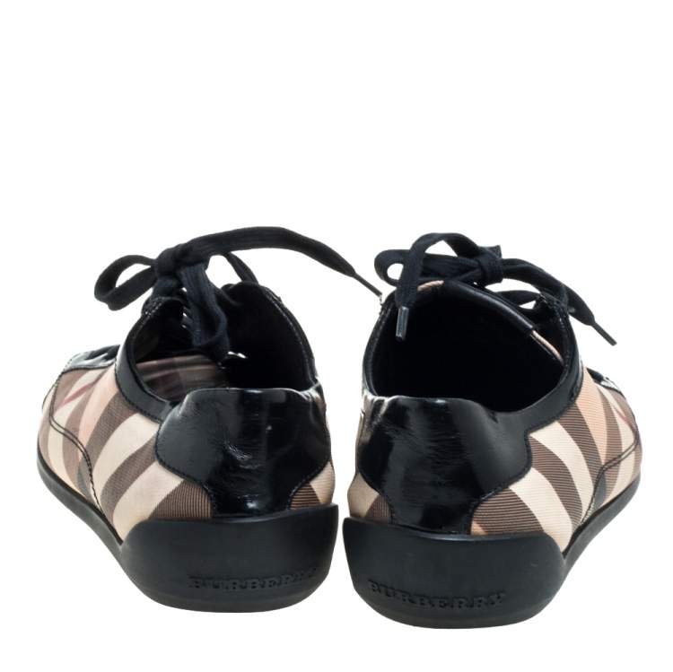 Pre Owned Burberry Black Patent Leather And Nova Check Coated Canvas Cap Toe Sneakers Size 40