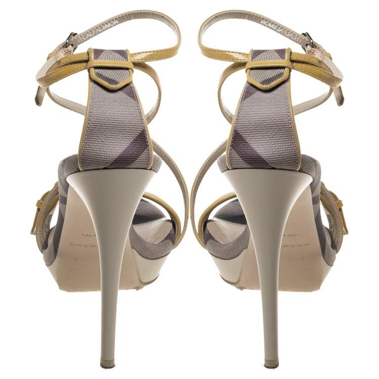 Pre Owned Burberry Multicolor Check Coated Canvas And Patent Leather Buckle Detail Strappy Sandals Size 38