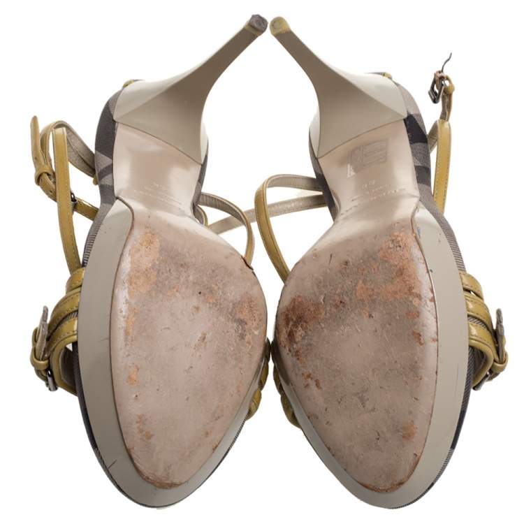 Pre Owned Burberry Multicolor Check Coated Canvas And Patent Leather Buckle Detail Strappy Sandals Size 38