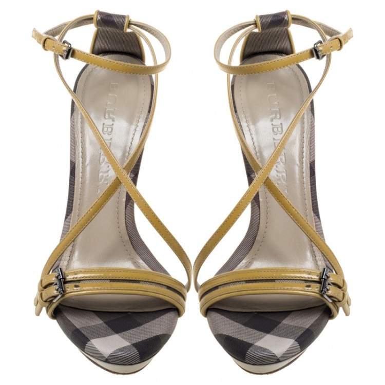 Pre Owned Burberry Multicolor Check Coated Canvas And Patent Leather Buckle Detail Strappy Sandals Size 38