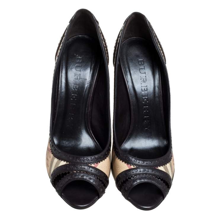 Pre Owned Burberry Beige/Brown Haymarket Check Canvas And Leather Peep Toe Pumps Size 40