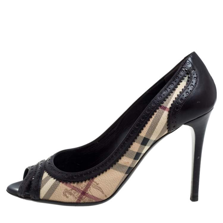 Pre Owned Burberry Beige/Brown Haymarket Check Canvas And Leather Peep Toe Pumps Size 40