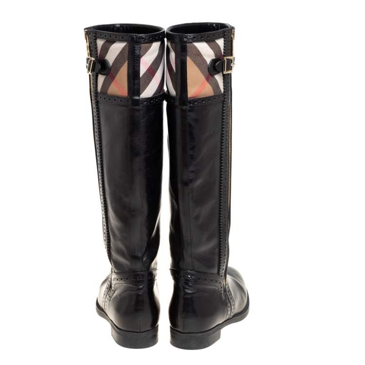 Pre Owned Burberry Black Leather and Nova Check Canvas Bridle Brogue Knee High Boots Size 39