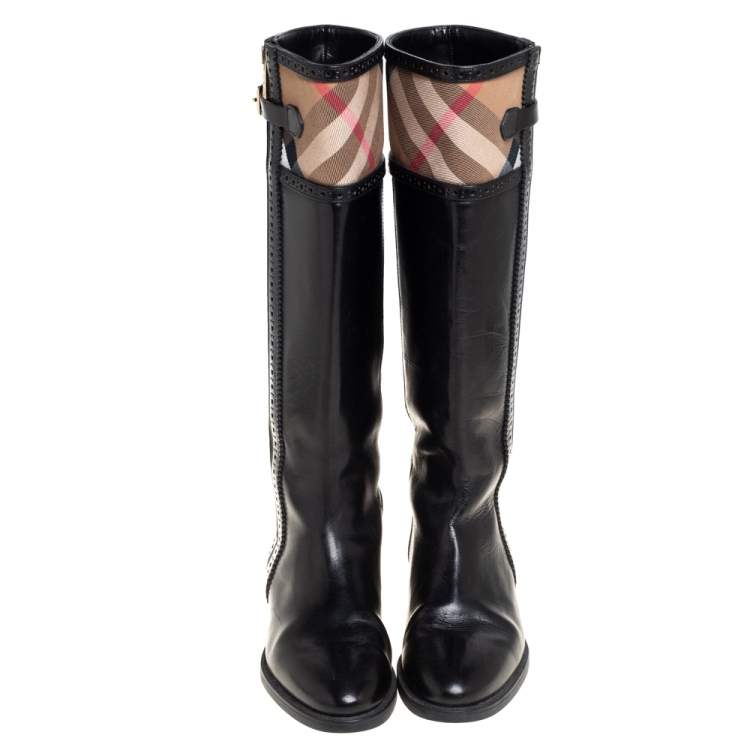 Pre Owned Burberry Black Leather and Nova Check Canvas Bridle Brogue Knee High Boots Size 39