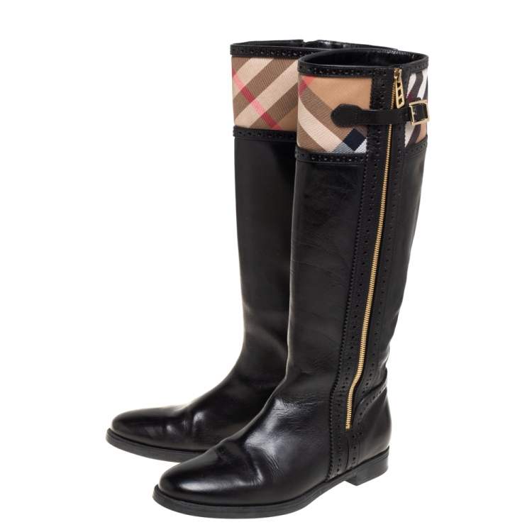 Pre Owned Burberry Black Leather and Nova Check Canvas Bridle Brogue Knee High Boots Size 39