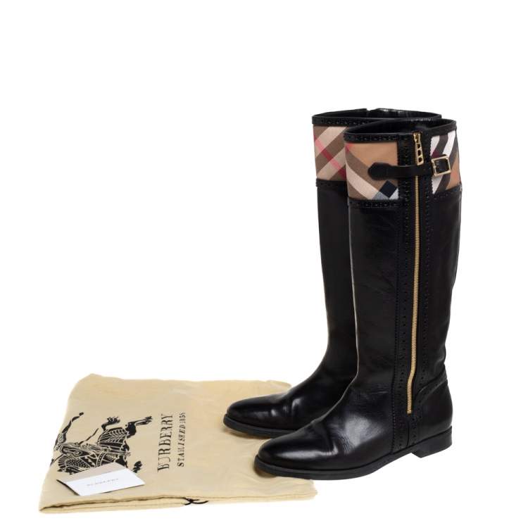 Pre Owned Burberry Black Leather and Nova Check Canvas Bridle Brogue Knee High Boots Size 39