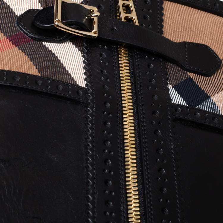 Pre Owned Burberry Black Leather and Nova Check Canvas Bridle Brogue Knee High Boots Size 39