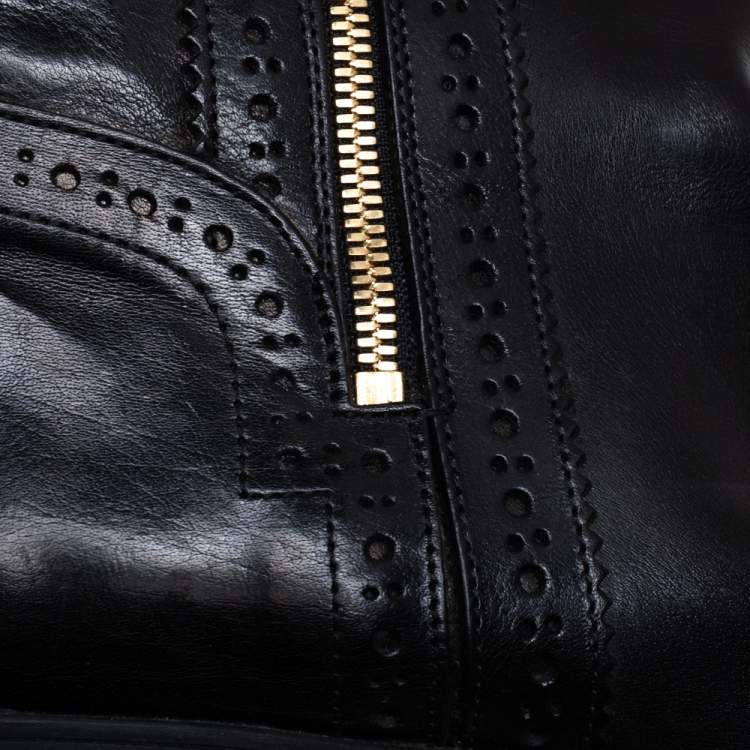 Pre Owned Burberry Black Leather and Nova Check Canvas Bridle Brogue Knee High Boots Size 39