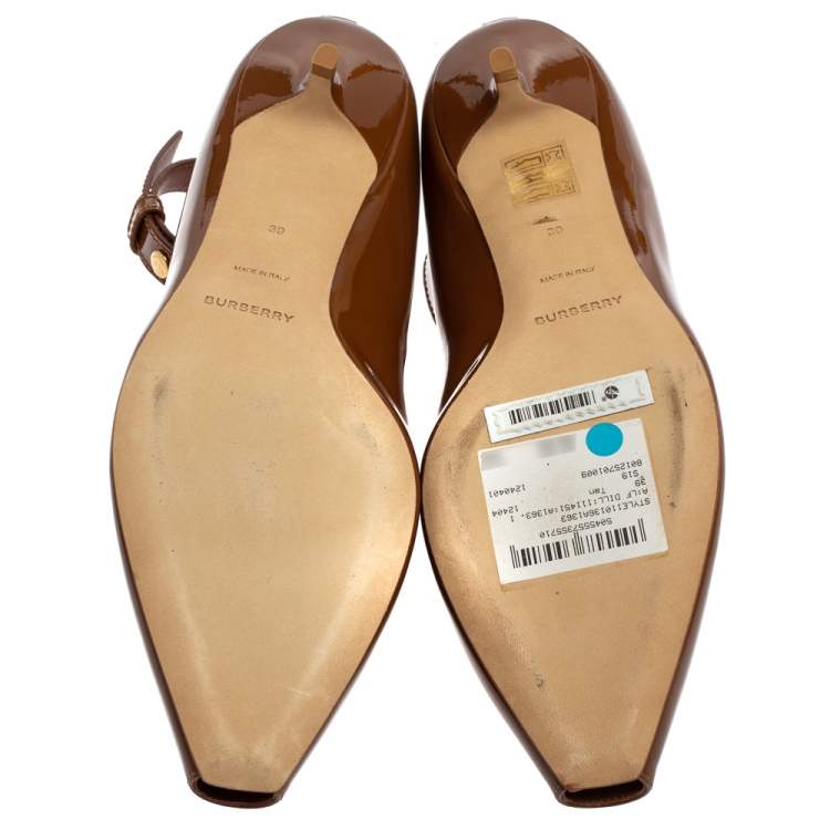 Pre Owned Burberry Brown Patent Leather Dill Kitten Heel Ankle Cuff Pumps Size 39