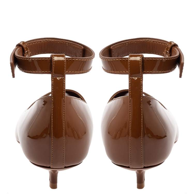 Pre Owned Burberry Brown Patent Leather Dill Kitten Heel Ankle Cuff Pumps Size 39