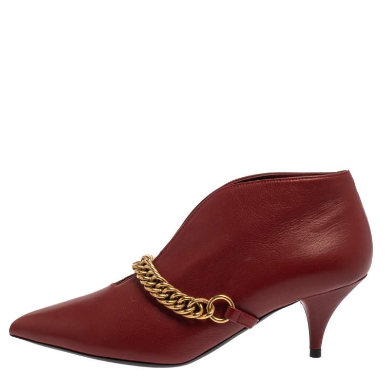 Pre Owned Burberry Burgundy Leather Bronwen Chain Embellished Pointed Toe Ankle Booties Size 37