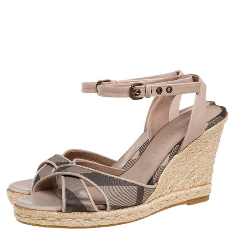Pre Owned Burberry Beige/Black Coated Canvas And Leather Ankle Strap Espadrille Wedges Sandals Size 36