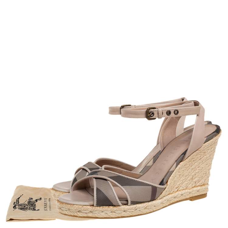 Pre Owned Burberry Beige/Black Coated Canvas And Leather Ankle Strap Espadrille Wedges Sandals Size 36