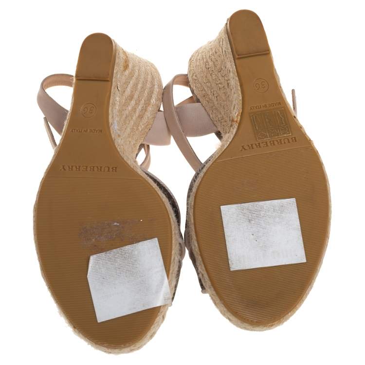 Pre Owned Burberry Beige/Black Coated Canvas And Leather Ankle Strap Espadrille Wedges Sandals Size 36