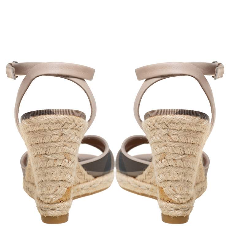 Pre Owned Burberry Beige/Black Coated Canvas And Leather Ankle Strap Espadrille Wedges Sandals Size 36