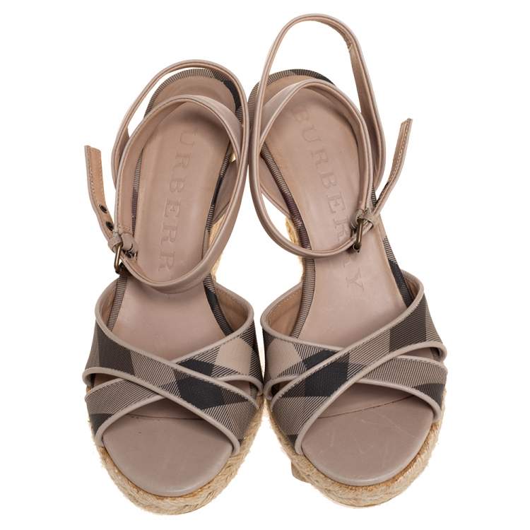 Pre Owned Burberry Beige/Black Coated Canvas And Leather Ankle Strap Espadrille Wedges Sandals Size 36