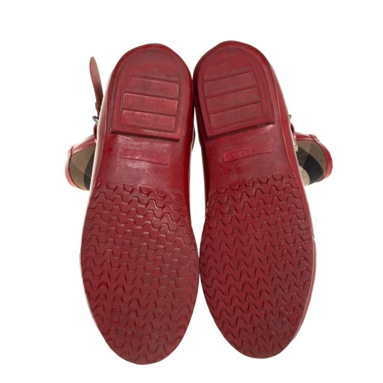 Pre Owned Burberry Red Rubber And Nova Check Canvas Buckle Rain Boots Size 39