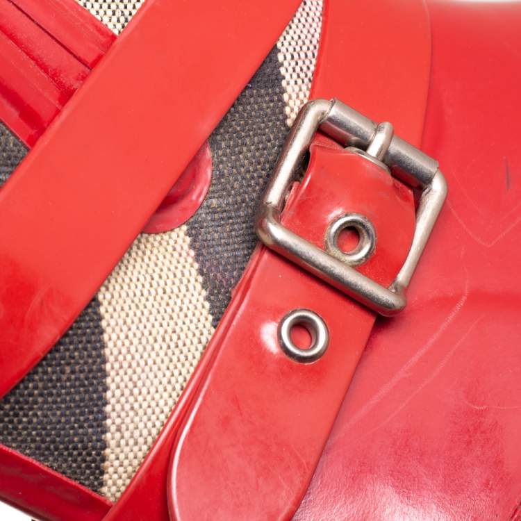 Pre Owned Burberry Red Rubber And Nova Check Canvas Buckle Rain Boots Size 39